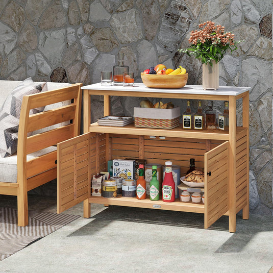 Goplus Outdoor Potting Bench with 2-Door Storage Cabinet & Faux Marble Tabletop