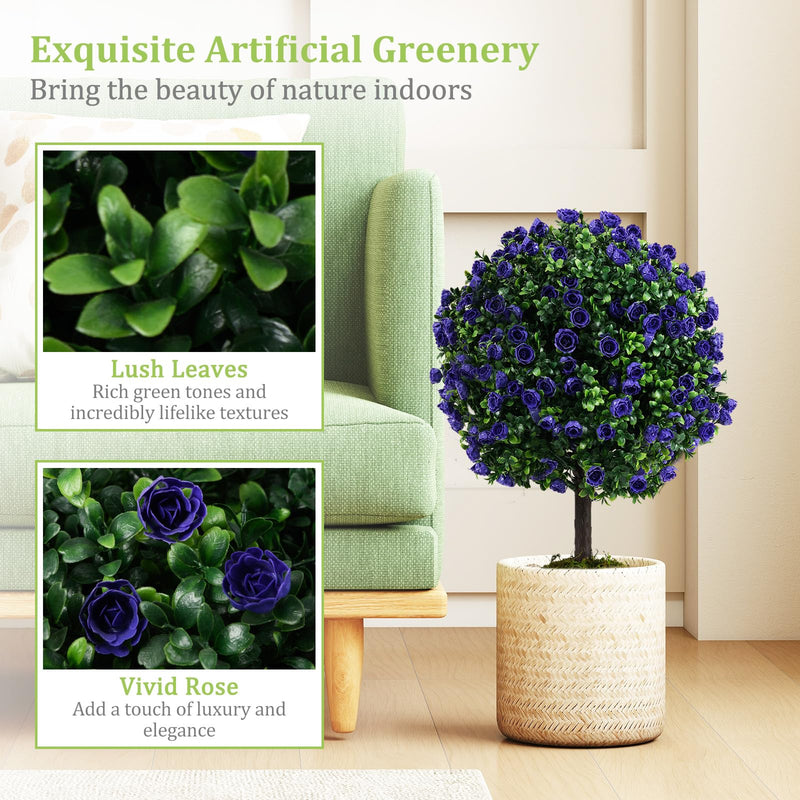 Load image into Gallery viewer, Goplus 22'' Artificial Purple Rose Topiary Ball Tree Set of 2 Faux Potted Plants Artificial Shrubs Bushes with Flowers