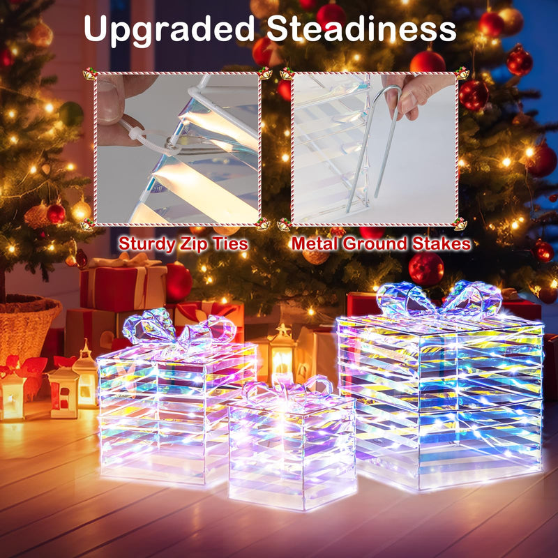Load image into Gallery viewer, Goplus 3 Pieces Christmas Lighted Gift Boxes, 90 LED Light up Present Boxes with Bows, Zip Ties & Ground Stakes