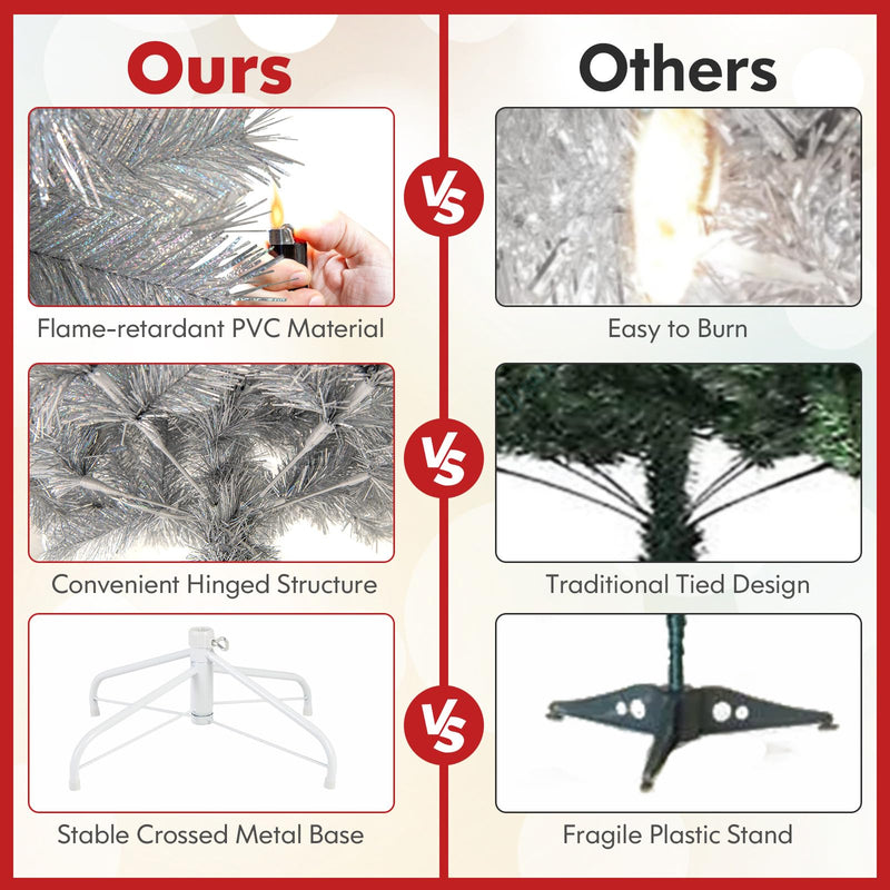 Load image into Gallery viewer, Goplus 5ft / 6ft / 7 ft Pre-Lit Silver Tinsel Christmas Tree with Warm White LED Lights