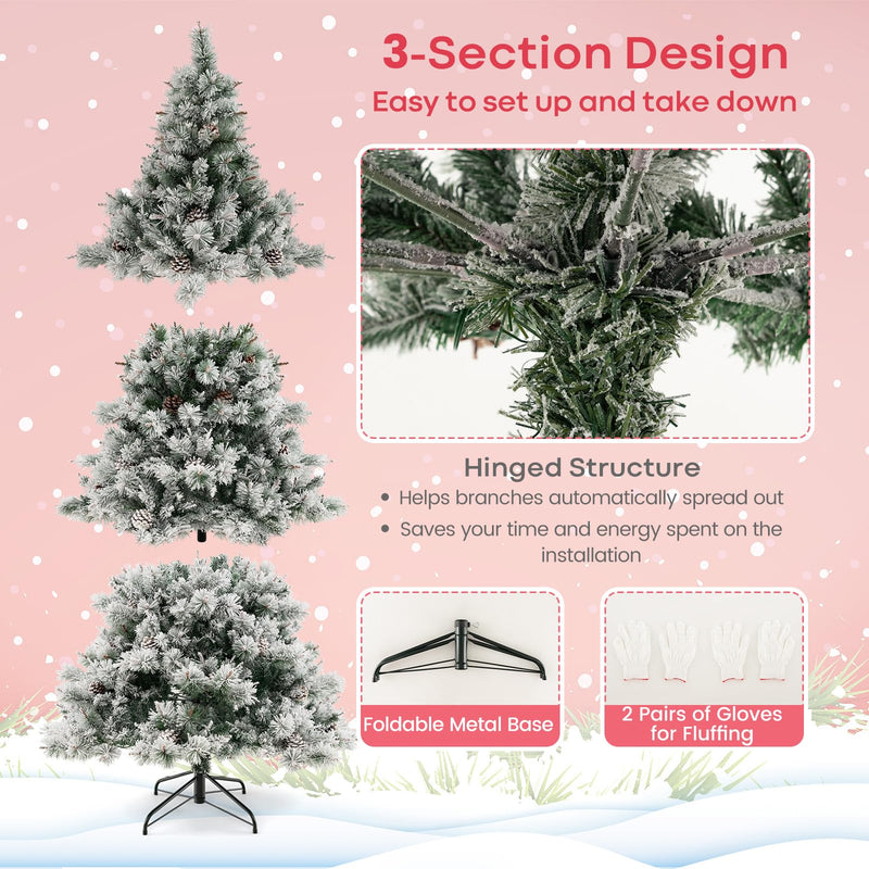 Load image into Gallery viewer, Goplus 7 FT Pre-Lit Snow Flocked Christmas Tree, Artificial Hinged Xmas Tree with 1057 PVC & Pine Needles Branch Tip