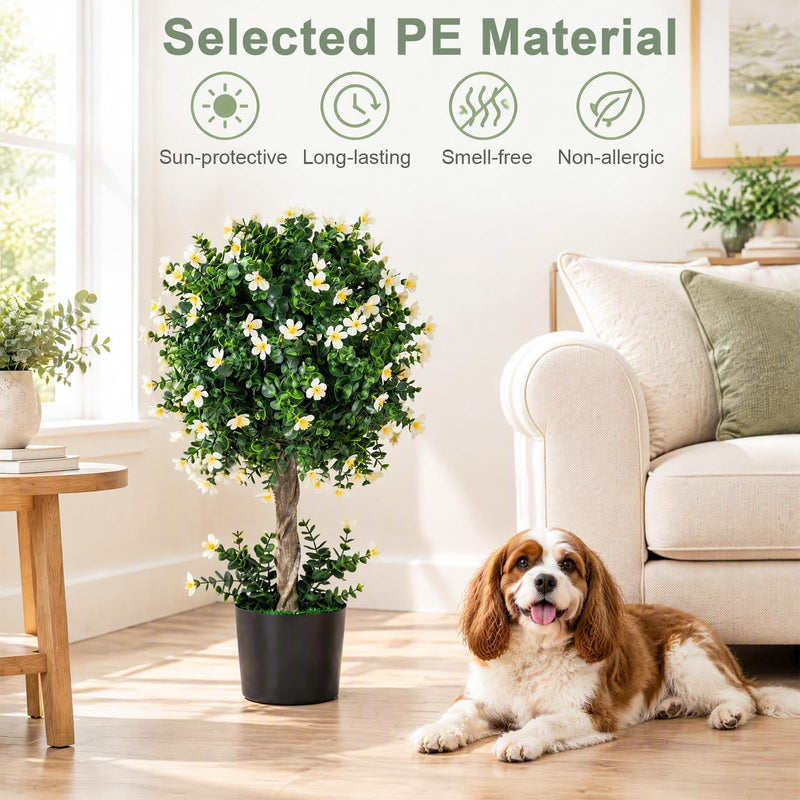 Load image into Gallery viewer, Goplus 26" Artificial Topiary Trees Set of 2 | Realistic Potted Plants w/ White Blossoms and Round Leaves