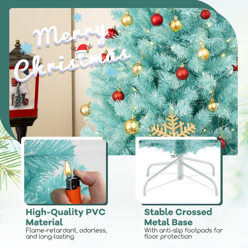 Load image into Gallery viewer, Goplus 6/7 FT Blue Pre-Lit Christmas Tree, Artificial Hinged Xmas Full Tree with 280/380 Warm White LED Lights