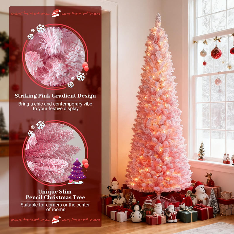 Load image into Gallery viewer, Goplus 6ft / 7ft Pink Slim Pencil Christmas Tree | Pre-lit Snow Flocked Artificial Skinny Xmas Tree