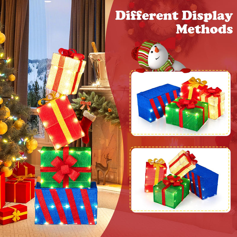 Load image into Gallery viewer, Goplus Christmas Lighted Gift Boxes Set of 4 | Light Up Present Boxes with Colorful Bows