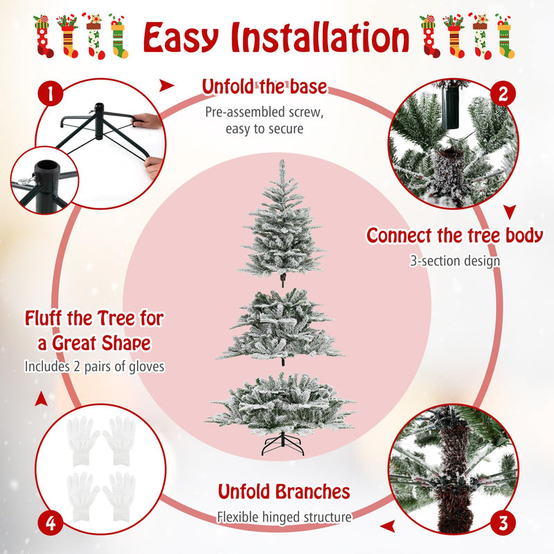 Load image into Gallery viewer, Goplus 6/7/8 ft Pre-Lit Snow Flocked Christmas Tree, Artificial Hinged Xmas Tree with 661/1119/1447 PVC & PE Tips