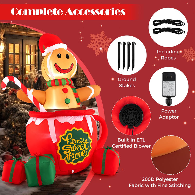 Load image into Gallery viewer, Goplus 7 Ft Christmas Inflatable, Blow up Pre-Lit Gingerbread Man in Mug with Gift Boxes & Candy Cane