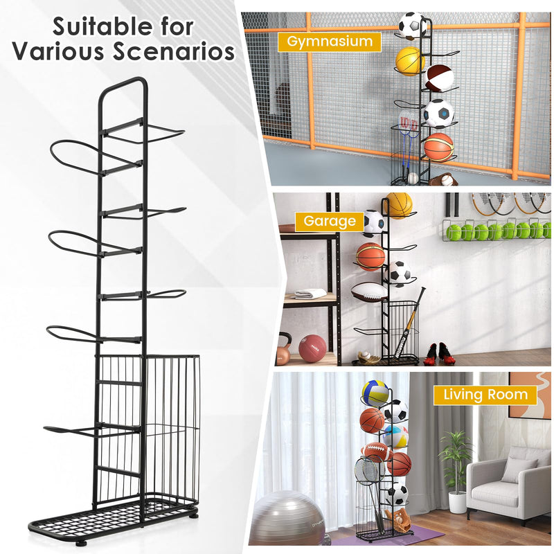 Load image into Gallery viewer, Goplus Garage Sports Equipment Organizer, 7 Ball Storage Rack with Basket, 7-Tier Detachable Stand