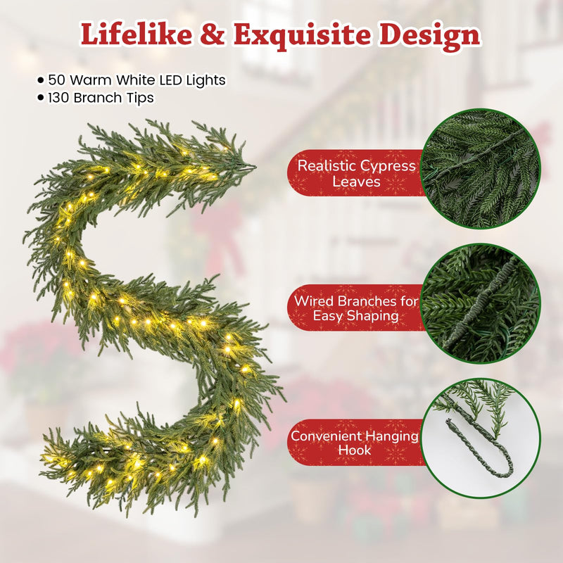 Load image into Gallery viewer, 9 FT Pre-lit Artificial Cypress Christmas Garland with 50 Warm White LED Lights and 130 Branch Tips