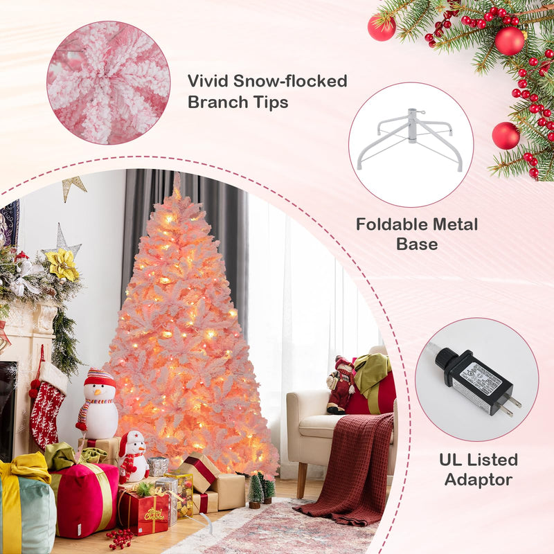 Load image into Gallery viewer, Goplus 6FT Pink Pre-lit Christmas Tree, Hinged Snow Flocked Artificial Xmas Tree, Seasonal Holiday Decoration for Office Home