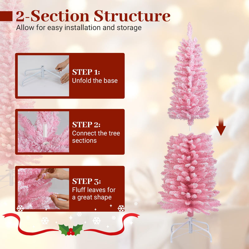 Load image into Gallery viewer, Goplus 5ft / 6ft Pink Slim Pencil Christmas Tree | Snow Flocked Skinny Xmas Full Tree