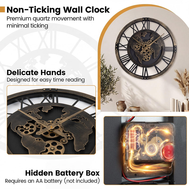 Load image into Gallery viewer, Goplus 27" Gear Clock with World Map | Non-Ticking Decorative Metal Clock with Moving Gears
