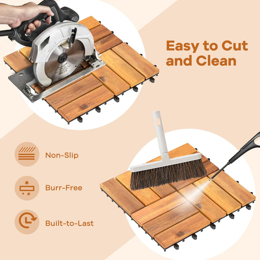 Goplus 27 PCS Interlocking Patio Deck Tile 12” x 12” Acacia Wood Patio Tiles