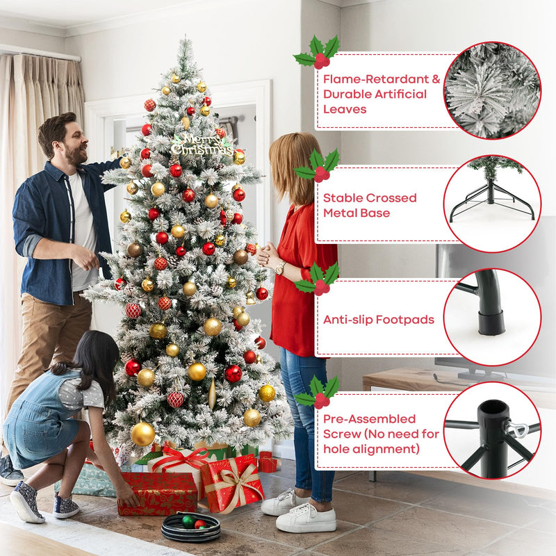 Load image into Gallery viewer, Goplus 7 FT Pre-Lit Snow Flocked Christmas Tree, Artificial Hinged Xmas Tree with 1057 PVC & Pine Needles Branch Tip