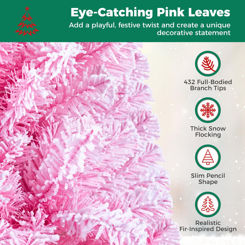 Load image into Gallery viewer, Goplus 5ft/6ft/7ft Pink Pre-Lit Flocked Christmas Trees | Hinged Artificial Xmas Tree