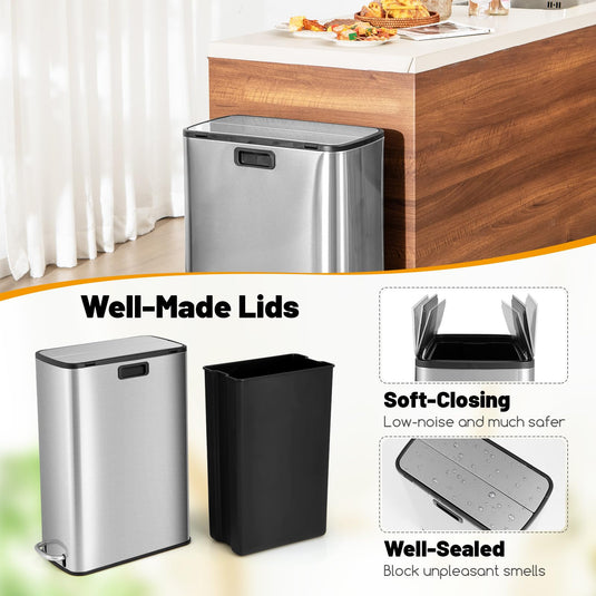 Goplus 12 Gallon Stainless Steel Trash Can, Kitchen Waste Bin with Soft-Closing Wing Lids & Removable Inner Bucket