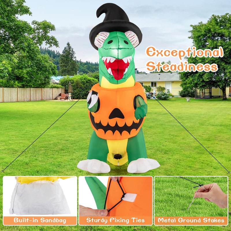 Load image into Gallery viewer, Goplus 6 FT Inflatable Pumpkin Dinosaur, Blow up Yard Decoration with Built-in LED Lights & Witch Hat