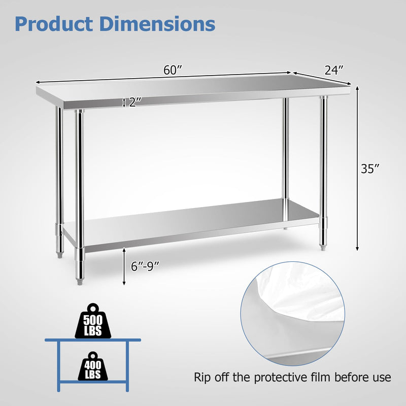 Load image into Gallery viewer, Goplus Stainless Steel Table, 24 x 60 Inches Kitchen Prep & Work Table w/Adjustable Undershelf & Footpads
