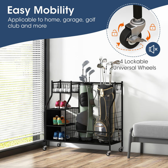 Goplus Golf Bags Storage Garage Organizer, Golf Bag Rack with Lockable Universal Wheels for Golf Clubs