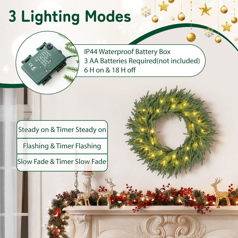 Load image into Gallery viewer, 24 Inch Pre-lit Christmas Wreath with 108 Branch Tips and 35 Warm White LED Lights for Wall Window-1 piece