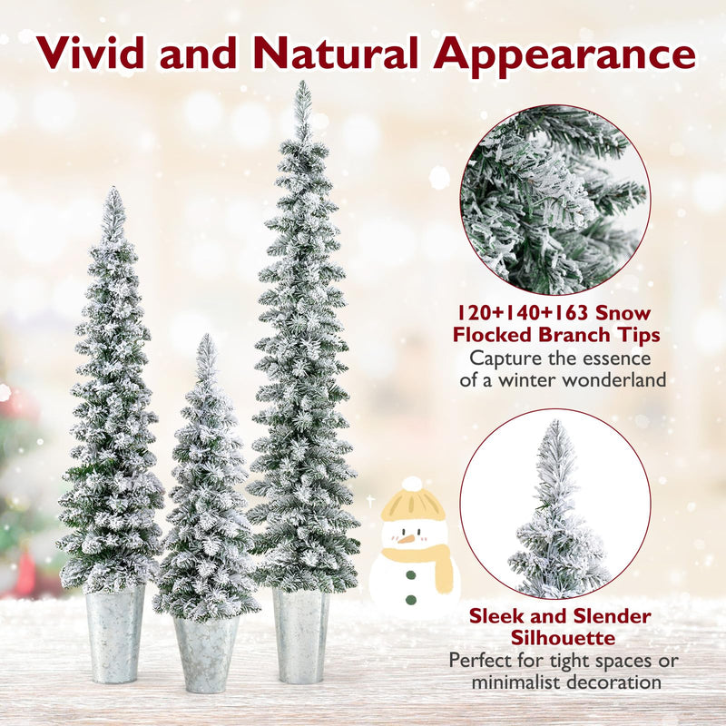 Load image into Gallery viewer, Goplus 3' 4' 5' Pre-Lit Snow Flocked Christmas Tree Set of 3, Slim Pencil Artificial Potted Xmas Trees with 423 Branch Tips