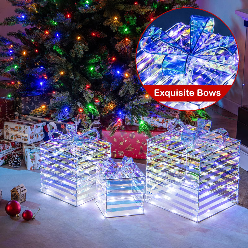 Load image into Gallery viewer, Goplus 3 Pieces Christmas Lighted Gift Boxes, 90 LED Light up Present Boxes with Bows, Zip Ties & Ground Stakes