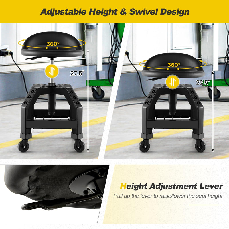 Load image into Gallery viewer, Goplus Mechanic Stool with Wheels, Adjustable Height Swivel Shop Stool Roller Seat with Tool Tray