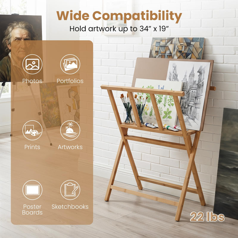 Load image into Gallery viewer, Goplus Bamboo Art Print Rack for Canvas Storage & Display | Freestanding Artwork Display Stand