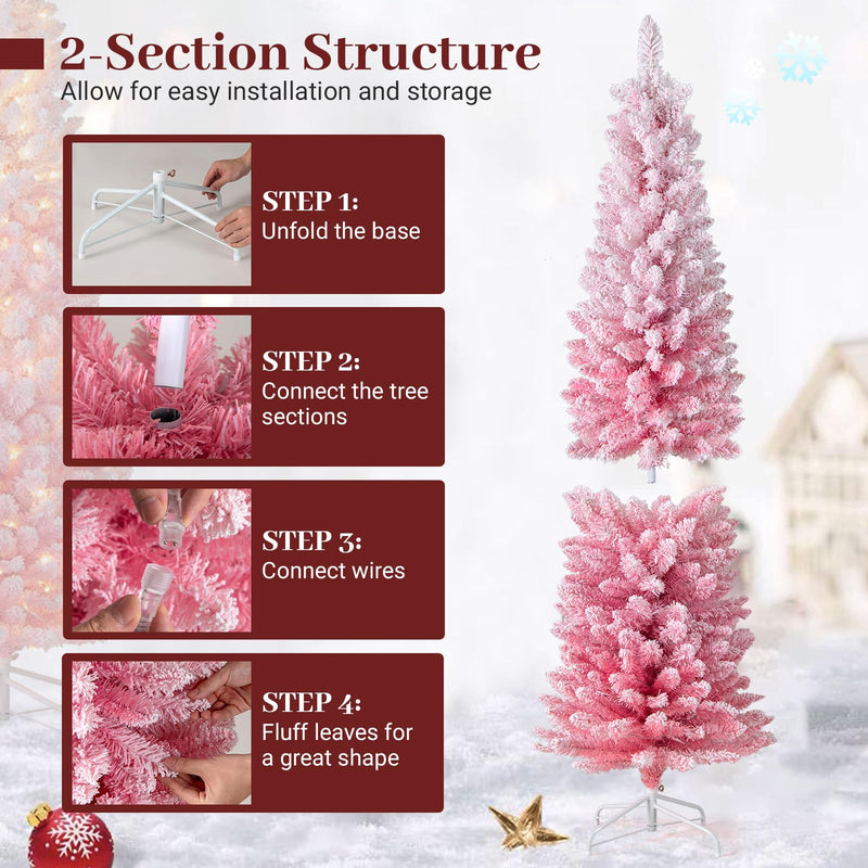 Load image into Gallery viewer, Goplus 6ft / 7ft Pink Slim Pencil Christmas Tree | Pre-lit Snow Flocked Artificial Skinny Xmas Tree