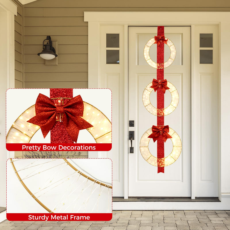Load image into Gallery viewer, Goplus Set of 3 Pre-Lit Wreaths, 5.8 FT Xmas Light-up Decorations on Red Ribbon with 450 LED Lights