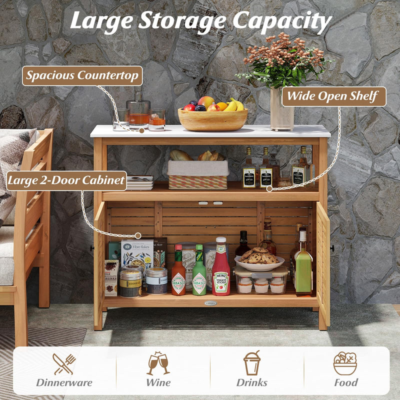 Load image into Gallery viewer, Goplus Outdoor Potting Bench with 2-Door Storage Cabinet & Faux Marble Tabletop