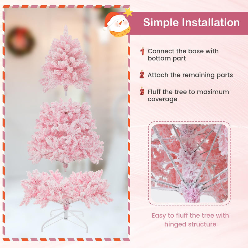 Load image into Gallery viewer, Goplus 6FT Pink Pre-lit Christmas Tree, Hinged Snow Flocked Artificial Xmas Tree, Seasonal Holiday Decoration for Office Home