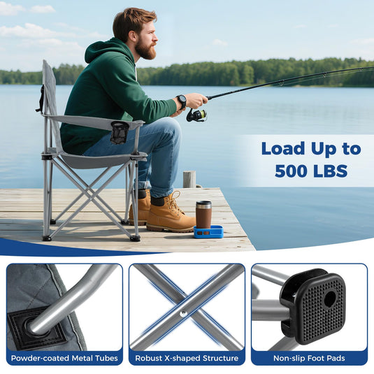 Goplus Heavy Duty Outdoor Folding Chair with Cooler Pouch & Cup Holder | Support 500 LBS