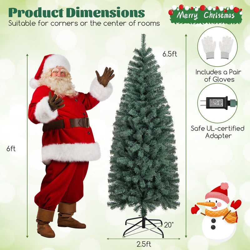Load image into Gallery viewer, Goplus 6.5ft Pre-Lit Blue Slim Pencil Christmas Tree with 200 Warm White & Multicolored LED Lights, 9 Modes, 556 Branch Tips