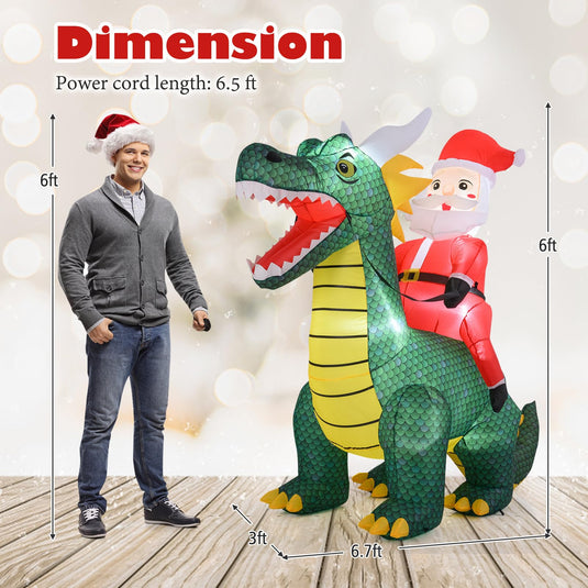 Goplus 6.7 FT Inflatable Christmas Santa Claus Riding Dinosaur Decoration with Lights Stakes