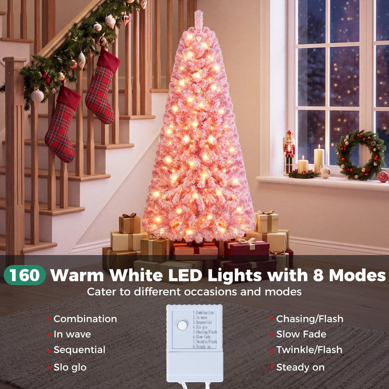 Load image into Gallery viewer, Goplus 5ft/6ft/7ft Pink Pre-Lit Flocked Christmas Trees | Hinged Artificial Xmas Tree