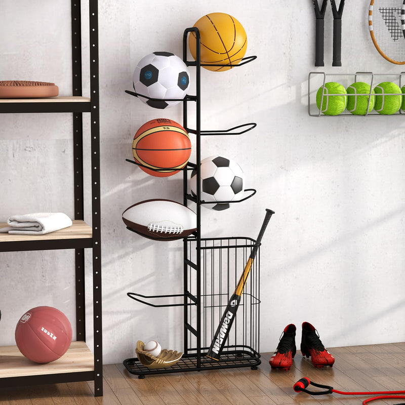 Load image into Gallery viewer, Goplus Garage Sports Equipment Organizer, 7 Ball Storage Rack with Basket, 7-Tier Detachable Stand