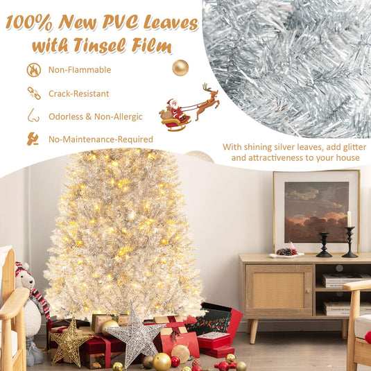 Goplus 6ft Pre-lit Silver Pencil Christmas Tree, Artificial Tinsel Electroplated Tree, Decor for Home