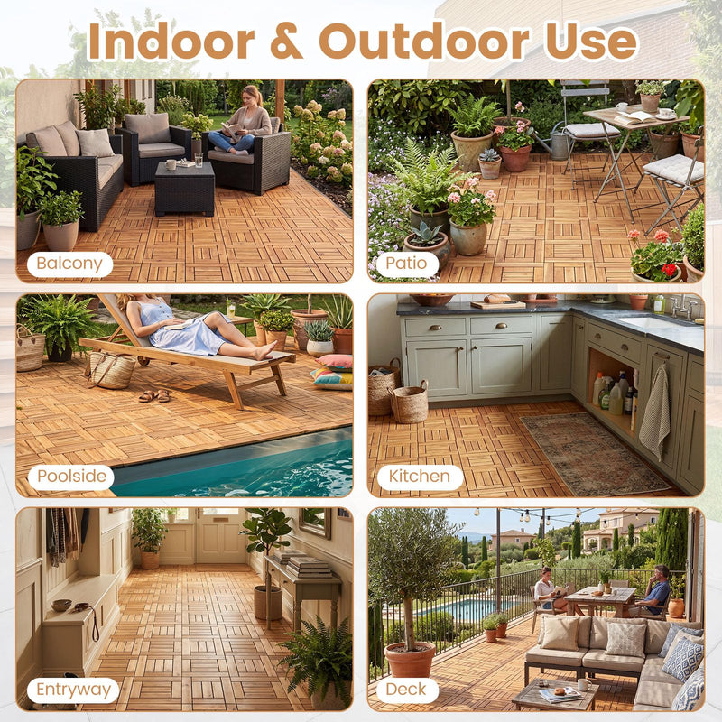 Load image into Gallery viewer, Giantex Golden Teak Frame Acacia Wood Deck Tiles 27/54 sq.ft Waterproof Outdoor Floor Tiles