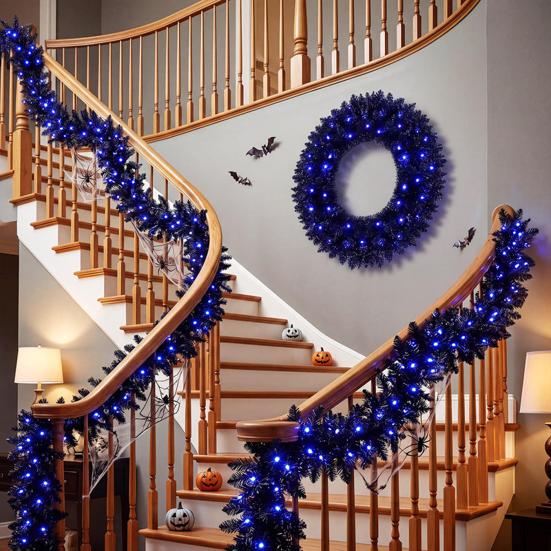 Load image into Gallery viewer, Goplus 24" Black Halloween Wreath and 9 ft Garland Set for Christmas