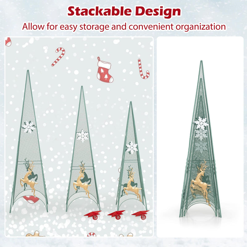 Load image into Gallery viewer, Goplus Set of 3 Tower Shaped Christmas Trees (3ft/3.5ft/4ft), Artificial Xmas Metal Trees with Removable Star Toppers & Reindeer