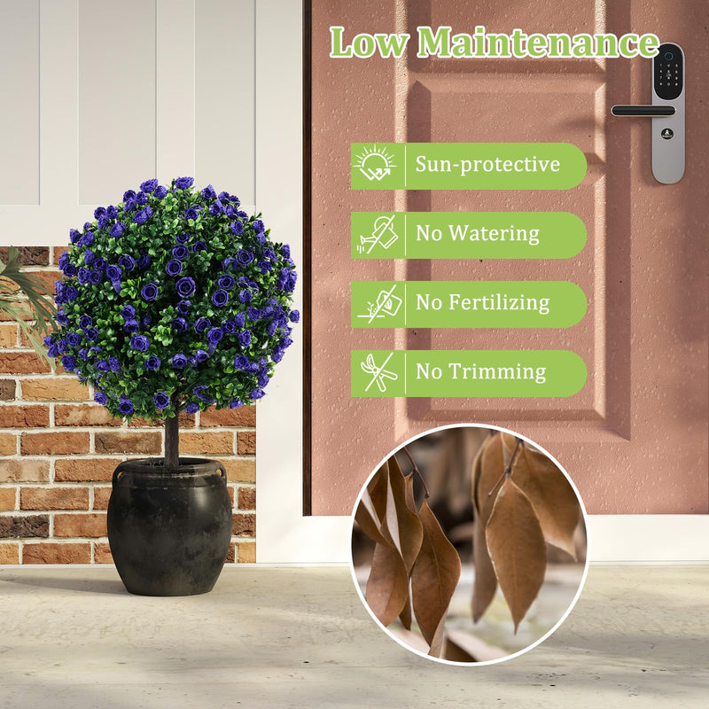 Load image into Gallery viewer, Goplus 22'' Artificial Purple Rose Topiary Ball Tree Set of 2 Faux Potted Plants Artificial Shrubs Bushes with Flowers