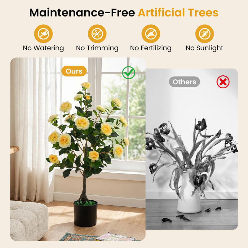 Load image into Gallery viewer, Goplus 35.5" Artificial Camellia Tree Faux Floral Plant Blooming Tree in Cement Pot