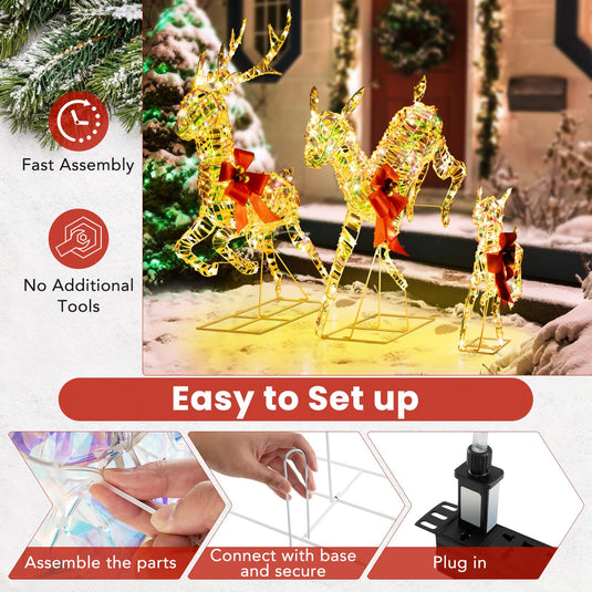 Goplus Christmas Lighted Reindeer, Set of 3 Reindeer Decorations with LED Lights and Red Bows