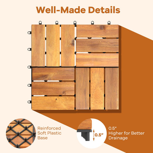 Goplus 27 PCS Interlocking Patio Deck Tile 12” x 12” Acacia Wood Patio Tiles