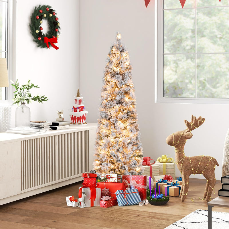 Load image into Gallery viewer, Goplus Pre-Lit Snow Flocked Pencil Christmas Tree for Home Office Holiday Decor