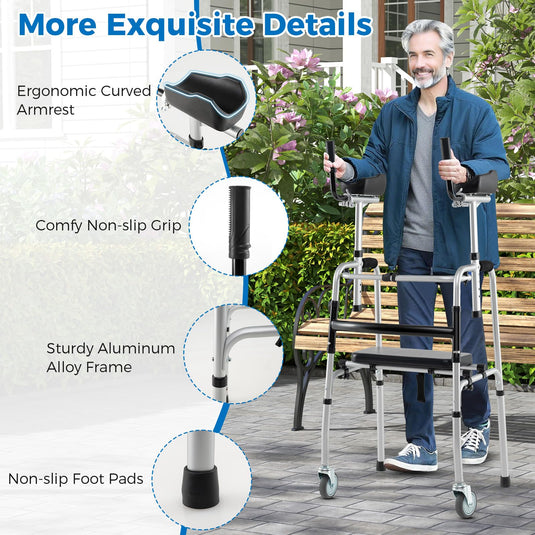 Goplus Folding Walker 450 Lbs Foldable Standard Walker with 5'' Wheels Seat and Removable Armrests