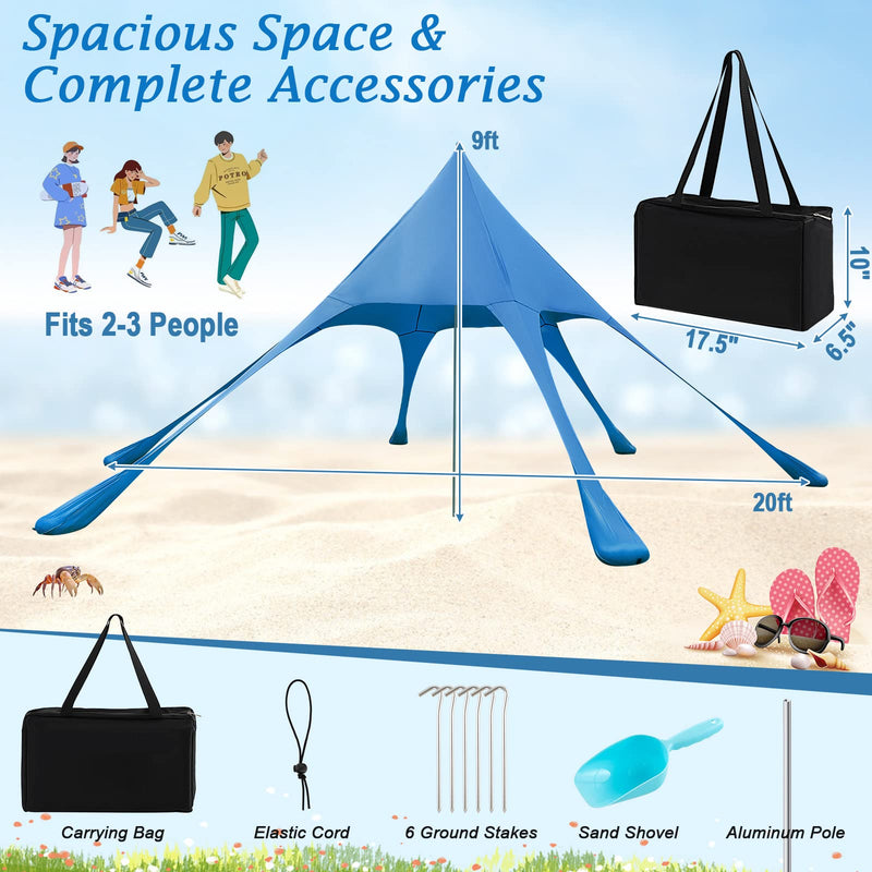 Load image into Gallery viewer, Goplus Beach Canopy, 20 x 20 FT Beach Shade with UPF50+ Sun Protection, Carrying Bag, Sand Shovel, Aluminum Pole, 6 Ground Stake