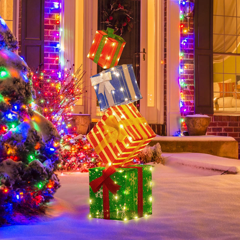 Load image into Gallery viewer, Goplus Lighted Gift Boxes, Set of 4 Stackable Pre-lit Box Decorations with Warm White LED Lights & Pre-Assembled Ribbons