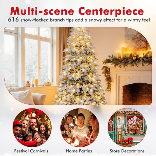 Goplus Pre-Lit Snow Flocked Christmas Tree with Mixed Branch Tips & LED Lights